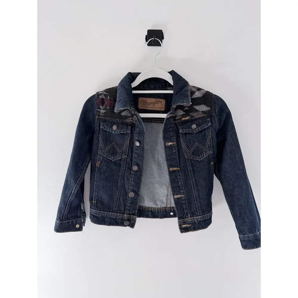 Wrangler Boy’s Aztec-Style Pattern Dark Wash Denim Jacket-Size M